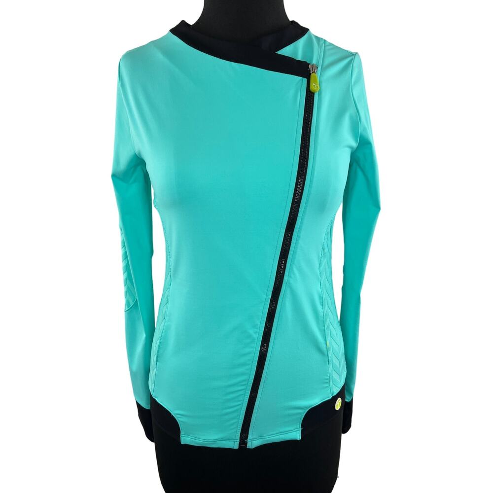 TRINA TURK Recreation Asymmetric Zip Moto Jacket in Seafoam Blue Green Size XS